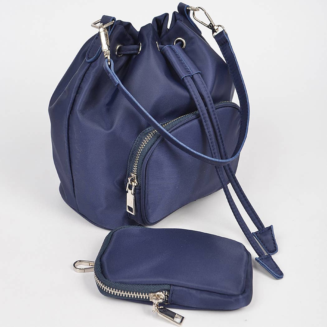 Nylon Zip Pocket Front Bucket Bag W/Mini Purse