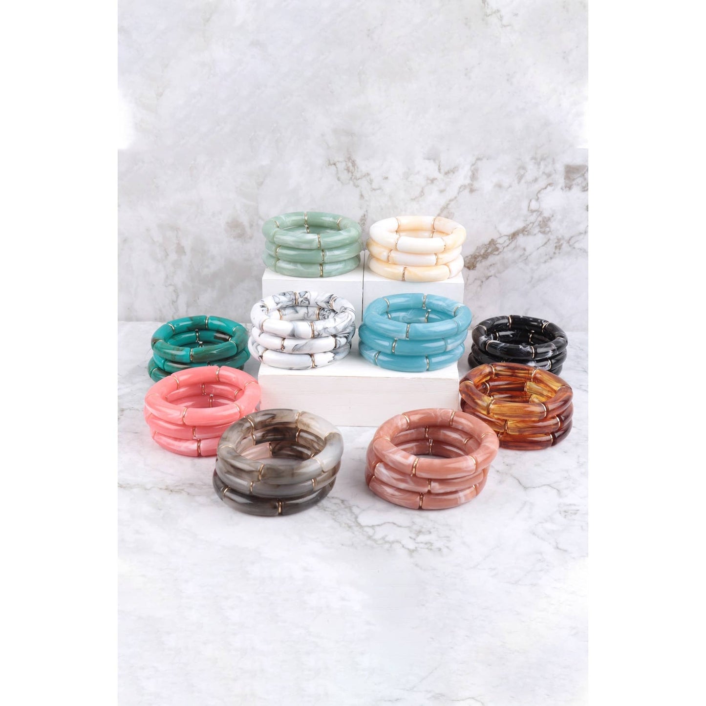 Tubular Bead Acrylic 3 Set Bangle Bracelet