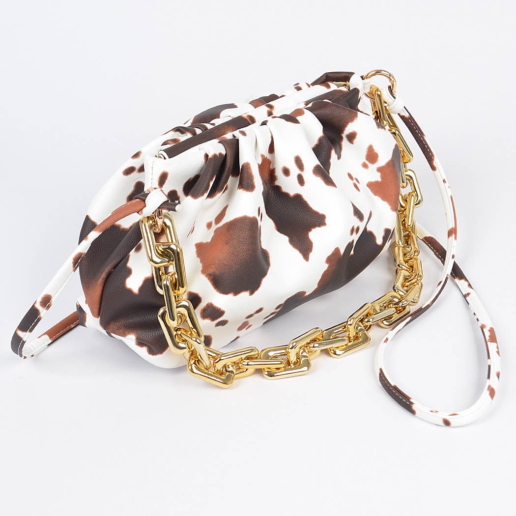 Faux Leather Cow Print Clutch W/Link Chain