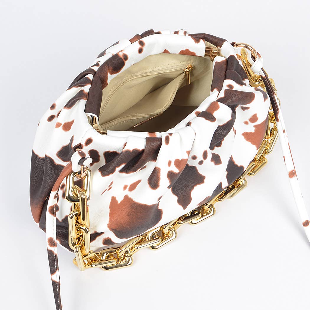 Faux Leather Cow Print Clutch W/Link Chain