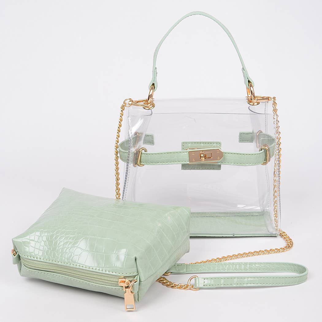 Transparent Handle Bag W/faux Croc Purse
