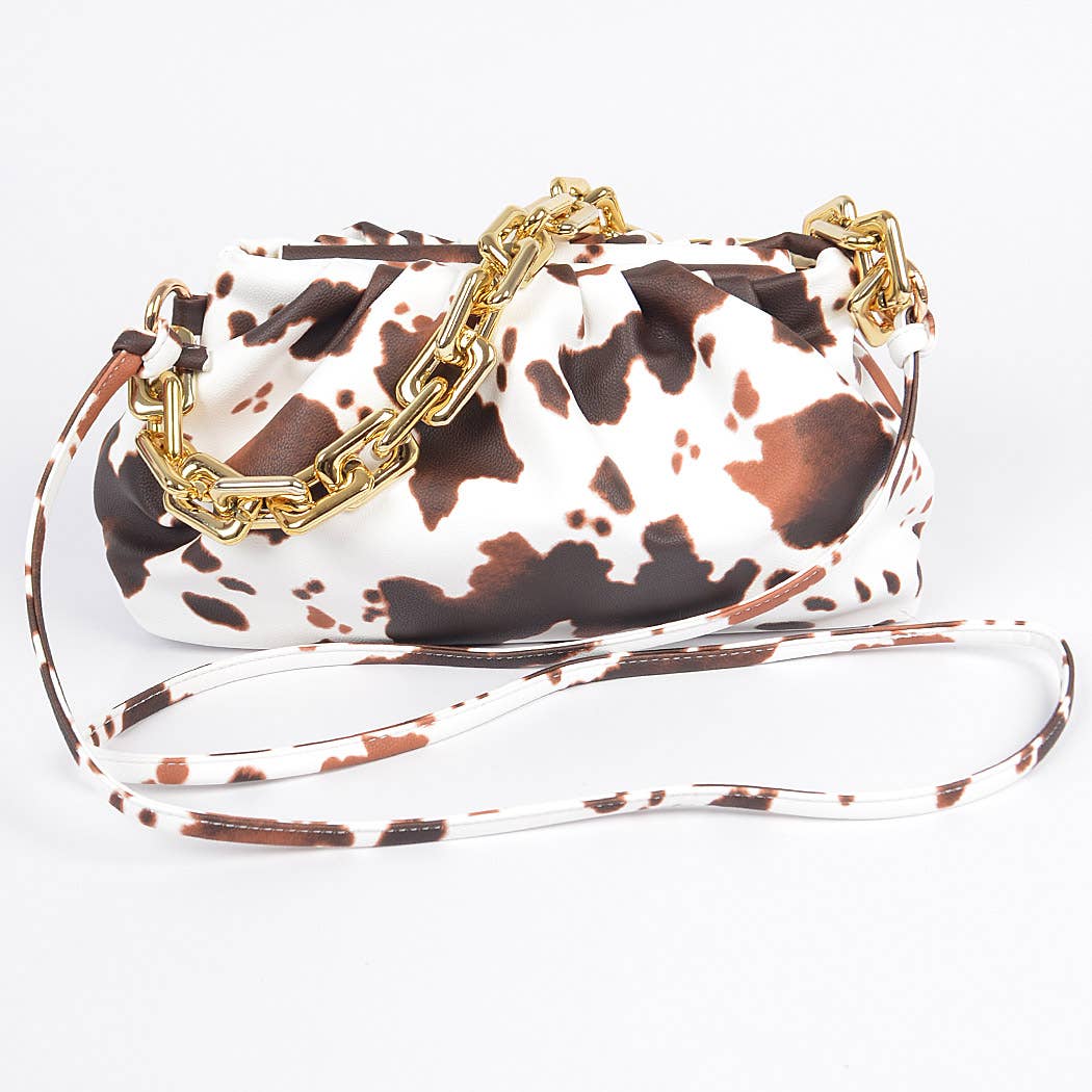 Faux Leather Cow Print Clutch W/Link Chain