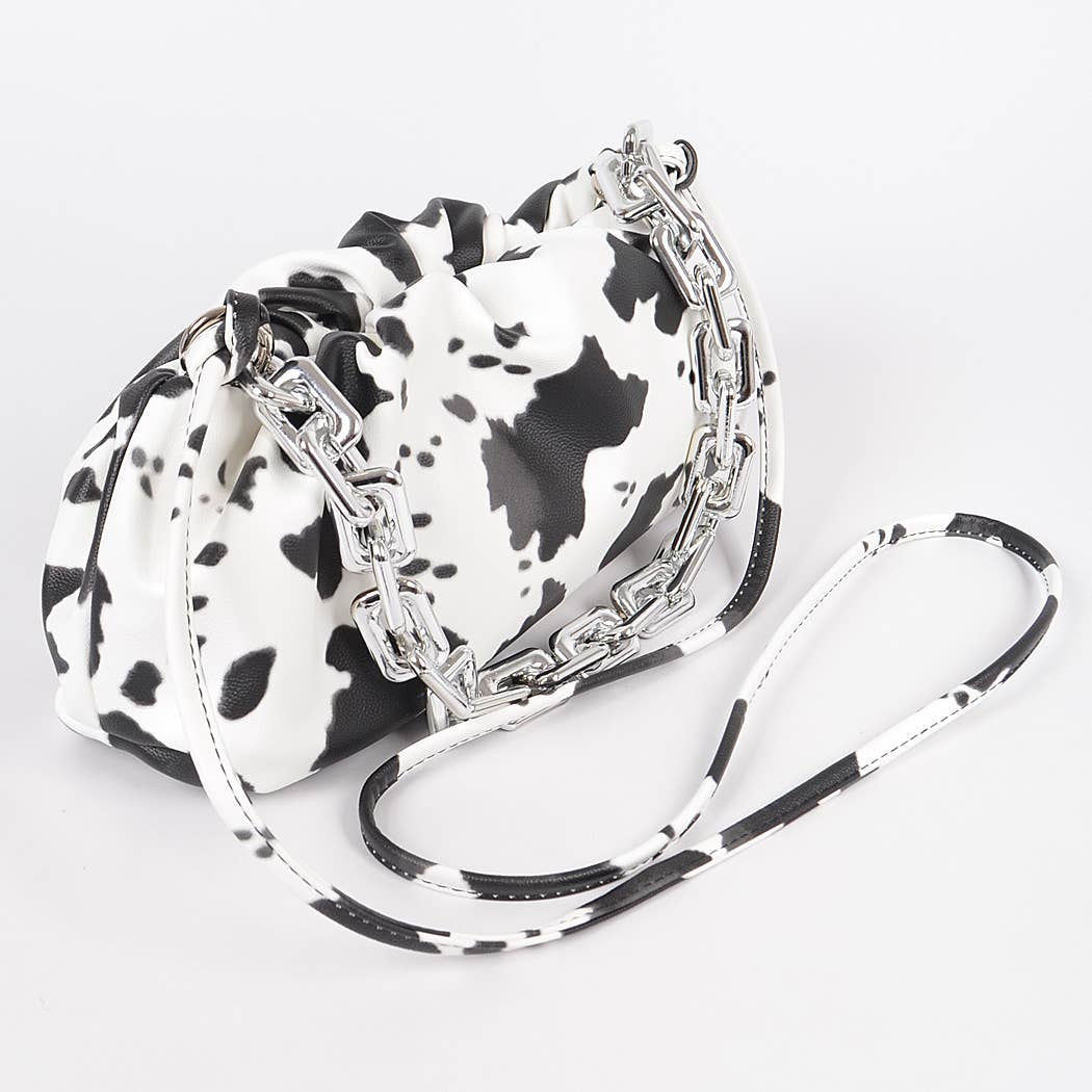 Faux Leather Cow Print Clutch W/Link Chain