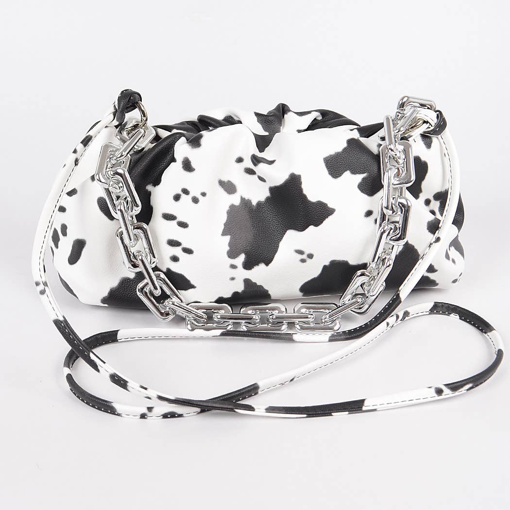 Faux Leather Cow Print Clutch W/Link Chain