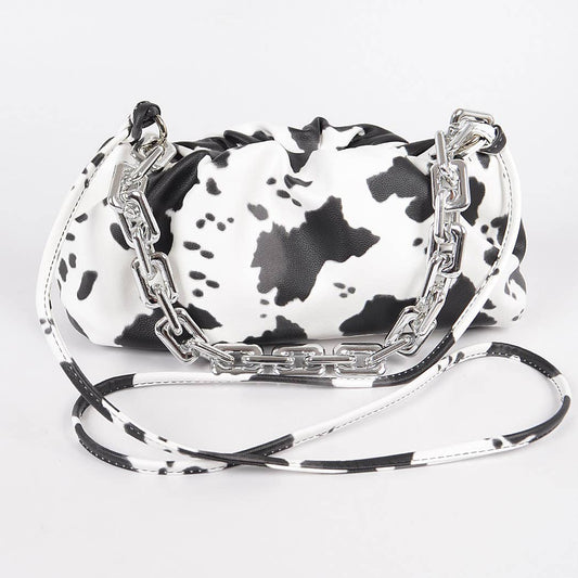 Faux Leather Cow Print Clutch W/Link Chain