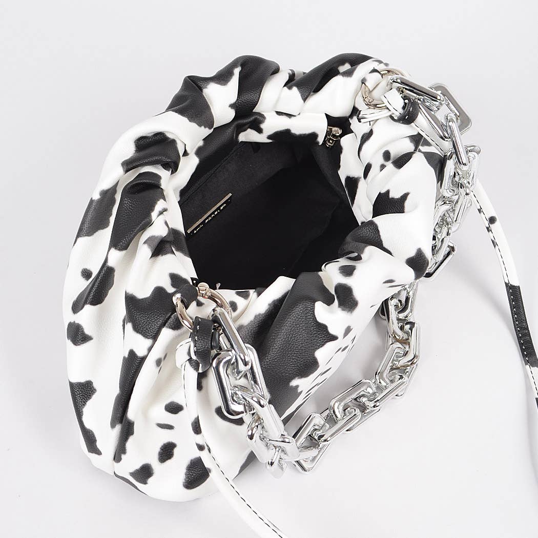 Faux Leather Cow Print Clutch W/Link Chain